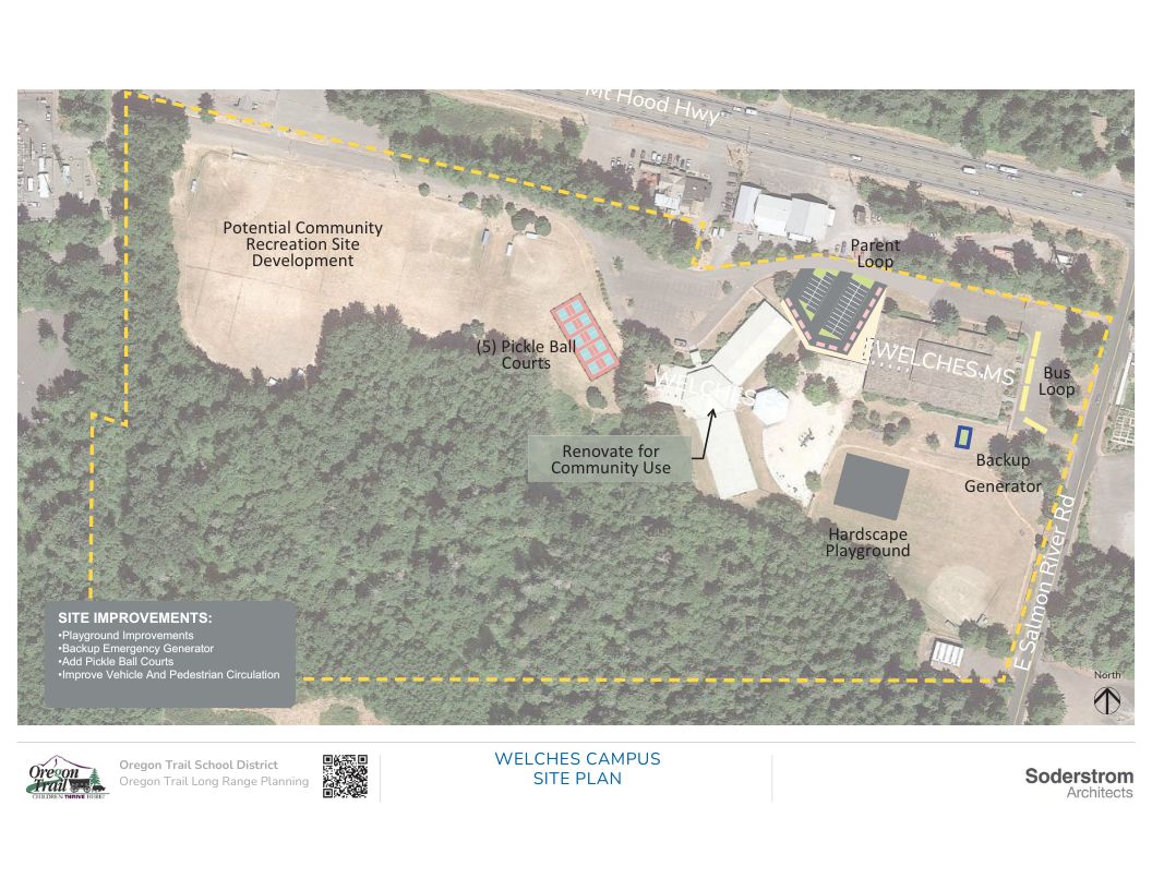 Site plan with both Welches Elementary and Middle School buildings and community recreation opportunities.